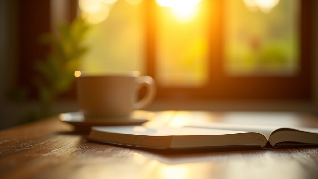 Morning sunlight streaming through window with coffee cup on desk and notebook