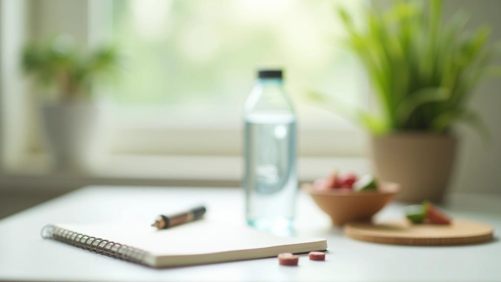 Organized desk setup with journal, water bottle, and healthy snacks arranged for habit replacement