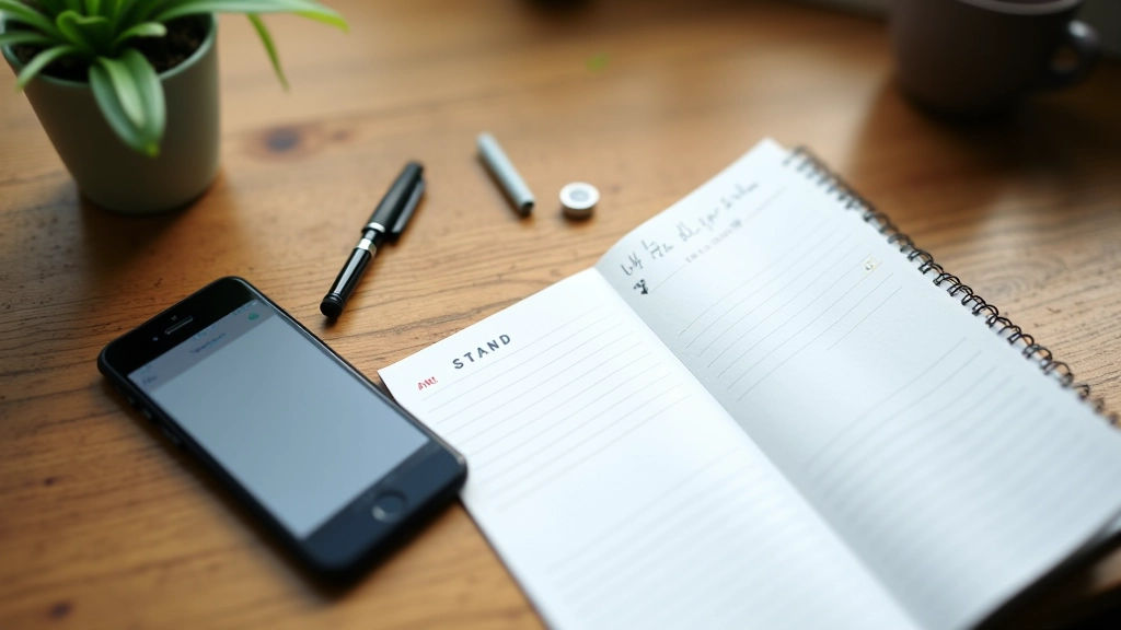 Overhead view of multiple habit tracking tools including digital phone screen, paper calendar, and notebook on desk