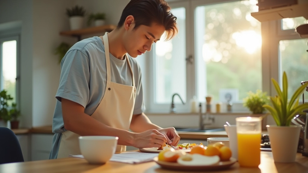Person in morning routine preparing breakfast in a bright kitchen