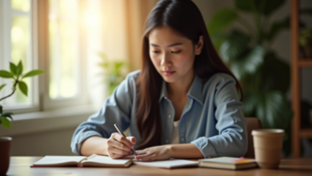 Person writing in a notebook at a wooden desk with morning coffee, planning daily habits and routines