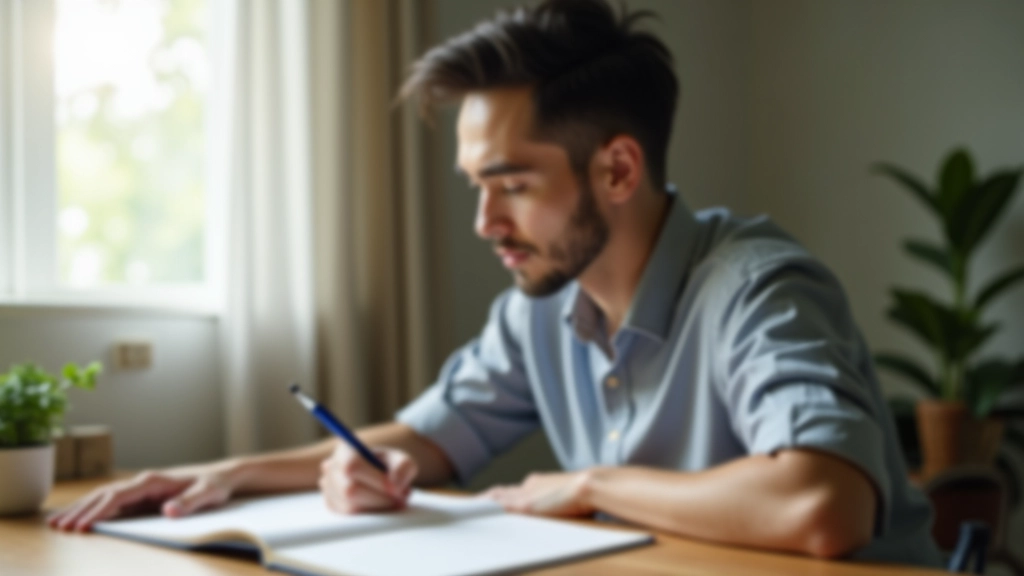Person sitting at desk reviewing habit tracking journal with pen in hand, morning sunlight