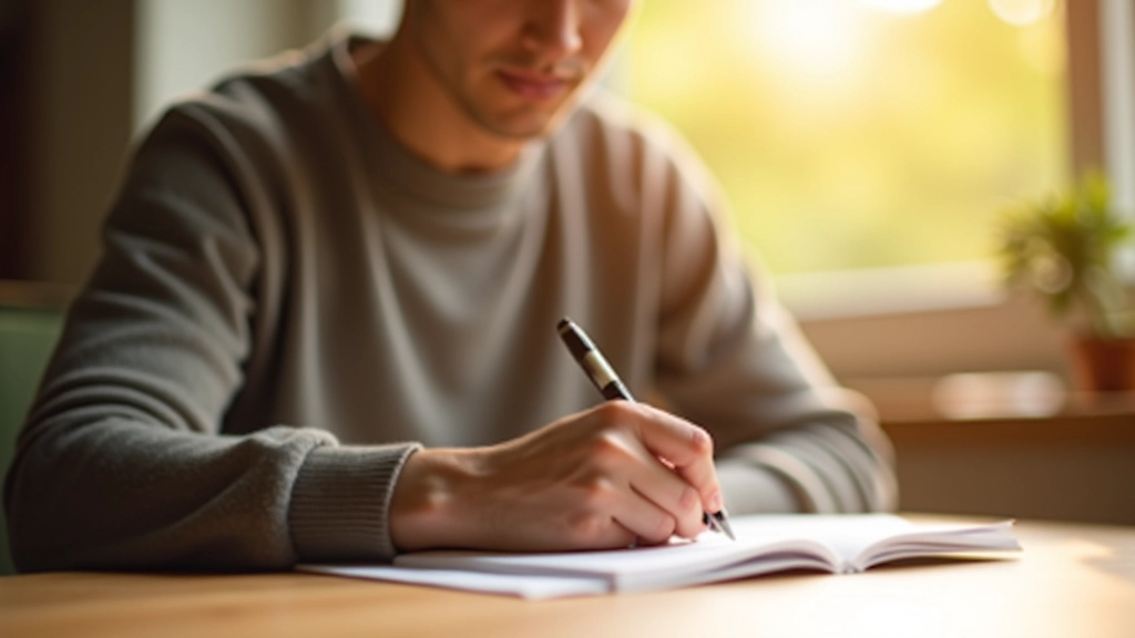Person writing in a daily habit journal at a wooden desk with morning light streaming in