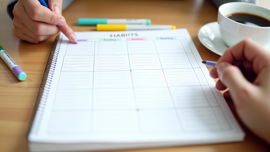 Weekly planner with habit tracking boxes and progress markers, showing visual tracking methods for daily routines
