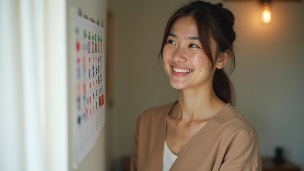 Woman smiling at wall calendar showing completed daily habit markers forming a continuous chain pattern